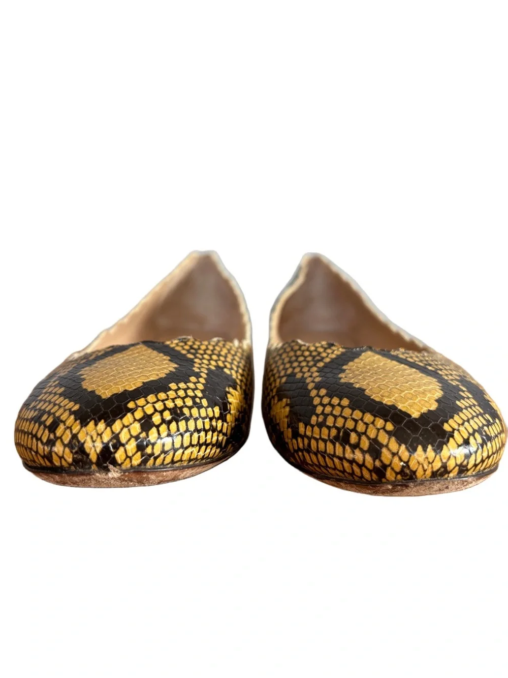 Chloé Lauren Scalloped Snake Print Ballet Flats Yellow Black Leather Designer